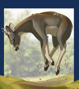 ambiguous_gender blue_eyes blurred_background brown_body brown_fur feral fur grey_body grey_fur horizontal_pupils horn jumping motion_blur open_mouth open_smile outside pupils side_view smile solo white_body white_fur swampjaws deer mammal alpha_channel hi_res