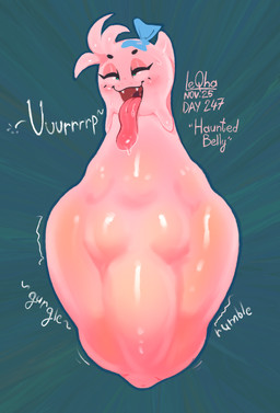 ambiguous_gender belly big_belly bloated bodily_fluids body_outline bow_ribbon bulging_breasts burping drooling duo fangs female female_prey glistening glistening_belly glistening_body huge_belly hyper hyper_belly inflation long_tongue navel open_mouth open_smile outie_navel pink_body prey_outline questionable_consent rumbling_stomach saliva simple_background simple_eyes size_difference smaller_pred smile solo sweat teeth tongue tongue_out toony vore leqha mario_bros nintendo bellie_boo_(leqha) fan_character ambiguous_species boo_(mario) ghost spirit 2025 digital_media_(artwork) hi_res signature