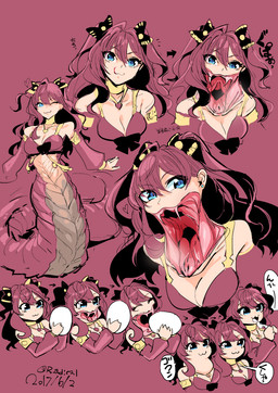 accessory apode blue_eyes body_horror bow_(feature) bow_accessory bow_ribbon breasts cleavage clothed clothing eating egg female gaping_mouth hair hair_accessory hair_bow hair_ribbon legless nightmare_fuel open_mouth purple_background purple_hair ribbons serpentine simple_background solo split_form text vore what what_has_science_done where_is_your_god_now why r_adical draconcopode humanoid hybrid lamia monster reptile scalie snake hi_res japanese_text sequence translation_request