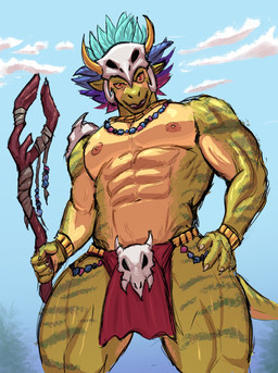 abs anthro areola biceps bodypaint bottomwear bracelet clothing cloud cloudy_sky face_paint feathered_headdress forearm_muscles green_body hand_on_leg hand_on_thigh holding_object holding_staff jewelry loincloth looking_at_viewer male muscular muscular_anthro muscular_arms muscular_male muscular_thighs navel necklace nipples obliques outside pecs quads red_eyes serratus skull_accessory skull_helmet sky solo staff stocky tail tribal tribal_clothing v-cut vein veiny_muscles yellow_sclera upatroopa terraria shimmered_witch_doctor witch_doctor_(terraria) lihzahrd lizard reptile scalie 2026 digital_media_(artwork) hi_res portrait three-quarter_portrait