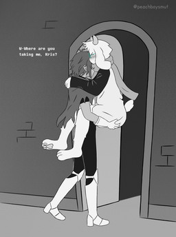 3_toes ambiguous_gender anthro black_clothing blush boots butt butt_grab cape carrying_another carrying_partner clothed clothing dialogue door duo embarrassed eyewear feet femboy footwear fully_clothed fur glasses green_eyewear green_glasses hand_on_butt holding_partner horn legs_around_partner long_ears male male_anthro open_door pawpads scarf shoes short_tail simple_background tail text toes wall_(structure) wearing_glasses white_body white_fur peachboysmut deltarune undertale_(series) kris_dreemurr ralsei bovid caprine darkner goat human mammal absurd_res comic english_text greyscale hi_res monochrome nonbinary_(lore)