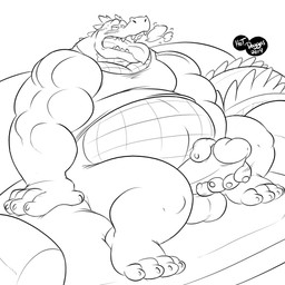 anthro belly big_belly bodily_fluids clothing drooling erection furniture genitals male masturbation musclegut muscular muscular_arms muscular_male overweight overweight_male penis saliva sharp_teeth shirt sitting sofa solo steamy_breath tank_top teeth tongue tongue_out topwear c-trigger crocodile crocodilian reptile scalie 1:1 hi_res monochrome