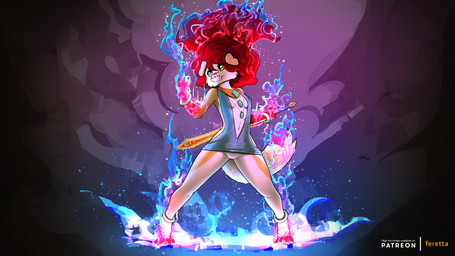 abstract_background anthro blue_fire bottomless cleavage_cutout clothed clothing colored_fire cutout elemental_manipulation female fire fire_manipulation fur genitals green_eyes hair jewelry melee_weapon no_underwear red_hair solarin_magic solo standing sword text vulva weapon white_body white_fur yellow_body yellow_fur feretta mariah_(anthrobrand) canid canine canis domestic_dog mammal 16:9 english_text hi_res widescreen