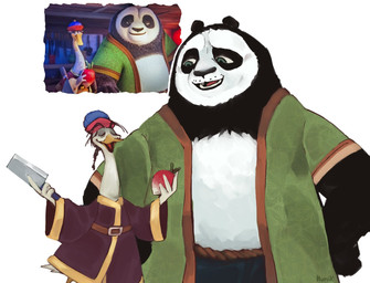 anthro belt black_body black_fur blue_bottomwear blue_clothing blue_pants bottomwear clothed clothing duo feathers food fur green_clothing green_eyes green_topwear green_vest hat headgear headwear knife looking_at_another male multicolored_body multicolored_clothing multicolored_fur multicolored_robe overweight overweight_anthro overweight_male pants plant radish red_clothing red_robe robe size_difference topwear two_tone_body two_tone_fur two_tone_robe vegetable vest white_body white_feathers white_fur yellow_clothing yellow_robe hunik dreamworks kung_fu_panda li_shan_(kung_fu_panda) mr._ping anatid anseriform anserine avian bear bird giant_panda goose mammal 2024 digital_media_(artwork) reference_image
