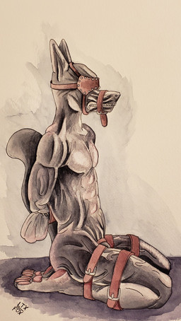 arms_tied bdsm belt blindfold bodysuit bondage bound bulge clothing frogtied hands_behind_back kneeling latex legs_tied male muzzle_(object) muzzled skinsuit solo tight_clothing latex_fox 2019 hi_res story story_in_description traditional_media_(artwork)