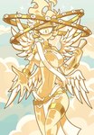 1_eye armband big_breasts bottomwear bracelet breasts choker clothed clothing eyelashes feathered_wings feathers female fire flaming_hair half-closed_eyes jewelry legband loincloth looking_at_viewer mouthless multi_wing narrowed_eyes necklace pseudo_hair reaching_towards_viewer skimpy small_waist solo thighband under_boob wide_hips wings yellow_body yellow_eyes notyoursagittarius angel_girl_(notyoursagittarius) angel biblically_accurate_angel humanoid ophan hi_res