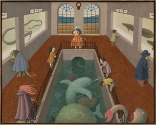 ambiguous_gender anthro barefoot beach biped cloak clock clothing feet female feral footwear forked_tongue group hat headgear headwear male railing shoes standing tail tentacles tongue water window shigeo_otake anthozoan aquatic cetacean cnidarian coral fish human humanoid mammal monodontid narwhal toothed_whale worm 1997 hi_res traditional_media_(artwork)