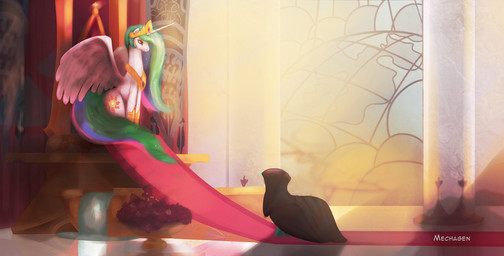 chair cloak clothing cutie_mark detailed_background duo feathered_wings feathers female feral fur furniture hair horn multicolored_hair sitting standing throne white_body white_feathers white_fur wings mechagen friendship_is_magic hasbro my_little_pony mythology princess_celestia_(mlp) equid equine mammal mythological_creature mythological_equine winged_unicorn character_request hi_res