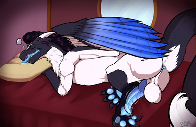 animal_genitalia animal_penis anus anus_focus balls bed big_balls big_penis bodily_fluids breath butt claws curling_toes dripping feathered_wings feathers feet feral folded_wings foot_focus fur furniture genital_fluids genitals hand_on_butt knot knotted_penis leaking_precum looking_at_viewer lying lying_on_bed male male_feral multicolored_body narrowed_eyes nipples nude nude_male on_bed on_side open_mouth panting paws penis precum precum_drip precum_string saliva saliva_on_tongue sleeping sleeping_nude solo spread_anus spread_butt spreading toe_claws toes tongue tongue_out white_body white_fur wings voltek european_mythology mythology kallvingar_(navenderg) dragon feathered_dragon feathered_scalie mythological_creature mythological_scalie reptile scalie western_dragon digital_media_(artwork) watermark