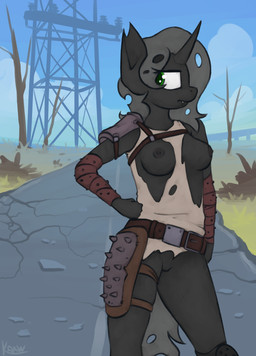 anthro areola armor barely_visible_genitalia barely_visible_vulva belt bottomless breasts clothed clothing detailed_background fangs female genitals green_eyes hand_on_hip horn looking_aside nipples no_underwear outside partially_clothed shirt shoulder_guards solo spiked_armor spikes teeth topwear torn_clothing torn_shirt torn_topwear utility_belt vulva marsminer fallout friendship_is_magic hasbro microsoft my_little_pony fan_character lix arthropod changeling_(mlp) 2017 hi_res portrait three-quarter_portrait