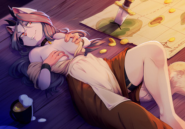 anthro beverage breast_grab breasts clothed clothing coin collar container covering covering_breasts cup female furniture hair hand_on_breast horn knife long_hair looking_up lying map no_bra on_back on_table red_eyes smile solo table tail hakkids2 felid feline mammal absurd_res hi_res