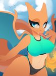 2020 anthro anthrofied breasts charizard claws detailed_background female fire generation_1_pokemon hi_res looking_at_viewer milkibee nintendo pokemon pokemon_(species) reptile scalie smile solo standing tail tongue tongue_out wings