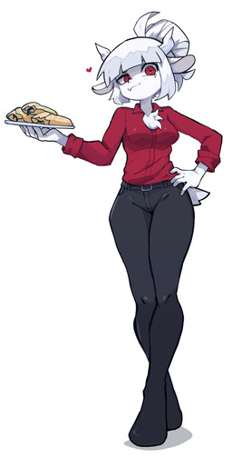 anthro black_bottomwear black_clothing black_pants bottomwear breasts chest_tuft clothed clothing female food fully_clothed fur hair hand_on_hip heart_symbol holding_food holding_object horizontal_pupils horn humanoid_hands long_legs looking_at_viewer markings medium_breasts mole_(marking) monotone_body monotone_fur monotone_hair pancake pants ponytail pupils red_clothing red_eyes red_shirt red_topwear shirt simple_background slim smile snaggle_tooth solo standing topwear tuft white_background white_body white_fur white_hair white_horn asutoro helltaker goat_lucifer_(helltaker) bovid caprine goat mammal absurd_res hi_res