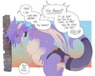 anthro breasts brickwall collar female hair membrane_(anatomy) membranous_wings nipples offscreen_character pregnant pregnant_anthro purple_hair solo tail wings yellow_eyes corablue mythology maku_(maku450) dragon mythological_creature mythological_scalie scalie 2025 digital_media_(artwork) hi_res