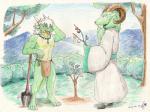 anthro bottomwear clothed clothing duo eyes_closed fur green_body green_fur hooves kemono loincloth one_eye_closed plant planting shovel smile tail tools topless tree baroque_(artist) mythology bovid caprine dragon goat mammal mythological_creature mythological_scalie scalie traditional_media_(artwork)