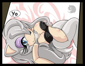 anthro bed_sheet bedding bedroom_eyes belly_blush blue_eyes blush body_blush bottomless breast_blush breasts clothed clothing countershading eyelashes eyeshadow female fur grey_body grey_fur makeup narrowed_eyes nipple_outline no_underwear one_eye_obstructed seductive smile solo topwear tube_top scarletopalite sega sonic_the_hedgehog_(series) fan_character venus_the_hedgehog eulipotyphlan hedgehog mammal