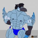 5_fingers abs accessory anthro arm_markings beak biceps big_muscles biped black_beak black_hair blue_body blue_bottomwear blue_clothing blue_feathers blue_tail body_builder bottomwear bulge butt butt_from_the_front cheek_tuft chest_tuft clothed clothing dreadlocks facial_markings facial_tuft feather_tuft feathers fingers fist front_view furgonomic_bottomwear furgonomics grey_background grey_nipples hair hair_accessory hairband hand_behind_back head_markings huge_muscles humanoid_hands looking_away male markings muscular muscular_anthro muscular_male muscular_thighs navel neck_muscles nipples non-mammal_nipples pecs pin_accessory pin_button pose purple_eyes quads short_hair simple_background smile solo standing tail tail_button_bottoms tail_clothing tail_feathers thong topless tribal tribal_markings triceps tuft underwear white_markings maxime-jeanne avian bird pelecaniform shoebill 2015 digital_drawing_(artwork) digital_media_(artwork) portrait three-quarter_portrait