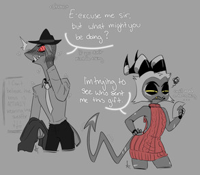 anthro blush bottomless bottomless_humanoid bottomless_male bottomwear clothed clothing dialogue ellipsis femboy hand_on_hip heart_symbol horn male narrowed_eyes necktie nervous open_mouth panties pants red_eyes sharp_teeth spade_tail standing sweater tail talking_to_another teeth text text_box topwear underbite underwear virgin_killer_sweater yellow_eyes sleepybud hellaverse helluva_boss meme_clothing alessio_(helluva_boss) crimson_(helluva_boss) demon humanoid imp digital_drawing_(artwork) digital_media_(artwork) english_text hi_res meme