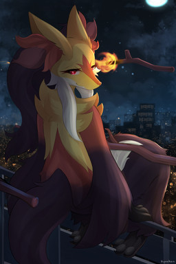 ambiguous_anthro ambiguous_gender anthro arm_tuft biped black_body black_fur black_tail building cheek_tuft city cityscape cloud detailed_background eyelashes facial_markings facial_tuft feet fire fluffy fur grey_pawpads head_markings inner_ear_fluff kemono light looking_at_viewer looking_back looking_back_at_viewer markings monotone_tail moon multicolored_body multicolored_fur night nude orange_body orange_fur orange_inner_ear_fluff orange_nose pawpads pupils rear_view red_body red_eyes red_fur red_inner_ear_fluff shoulder_tuft sitting sky smile solo star starry_sky stick tail toes tuft white_body white_fur yellow_body yellow_ears yellow_fur kyuukon nintendo pokemon canid canine generation_9_pokemon mammal mega_delphox mega_evolution pokemon_(species) 2025 colored digital_media_(artwork) full-length_portrait hi_res lighting portrait shaded female_(lore)
