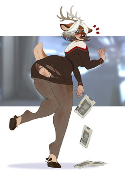 anger_symbol anthro antlers backsack balls bent_over big_butt biped blue_eyes blush bodily_fluids bottomwear breasts brown_body brown_clothing brown_fur brown_hair brown_sweater brown_topwear butt clothing cloven_hooves collar deer_antlers dropping_object embarrassed fur genitals gynomorph gynomorph_anthro hair hooves horn intersex intersex_anthro long_sleeves looking_at_viewer looking_back markings mismatched_sexual_dimorphism motion_lines multicolored_hair one_leg_up open_mouth pants presenting presenting_hindquarters raised_leg red_collar running short_tail solo spots spotted_body spotted_fur sweat sweater tail tan_body tan_fur thick_thighs topwear torn_bottomwear torn_clothing torn_pants unguligrade uniform white_hair wide_hips alhamoon star_trek thea_(theabunn) cervine deer mammal trans_(lore) trans_woman_(lore)