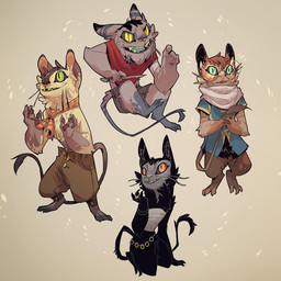 3_toes 4_fingers ambiguous_gender anthro black_body black_fur blue_clothing blue_coat blue_eyes blue_topwear brown_body brown_fur clothed clothing coat ears_up feet fingers fur furry_ears green_eyes grey_body grey_feet grey_fur group knife orange_eyes partially_clothed_anthro poncho pupils sandy_fur scarf simple_background slit_pupils striped_ears tail tan_background toes topwear whiskers brittsabo goblin hi_res