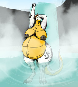 anthro breasts female hyper hyper_pregnancy markings nipples non-mammal_breasts pregnant solo steam tattoo water waterfall vwpologt mayternity mayternity_2026 lizard lizardman reptile scalie