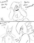 anthro clothing dialogue duo eyewear female glasses humor male mature_female scared shirt slightly_chubby surprise tank_top topwear jeffthehusky nintendo pokemon julia_caernarvon lucas_arynn gardevoir generation_3_pokemon generation_4_pokemon humanoid lucario pokemon_(species) absurd_res hi_res meme monochrome