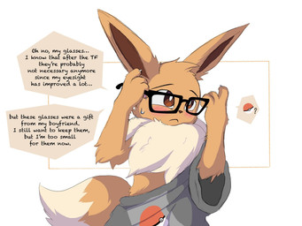 after_transformation ambiguous_gender anthro blush bodily_fluids claws clothing eyewear frown fur fur_tuft glasses male oversized_clothing pokeball_print pokeball_symbol simple_background solo sweat sweatdrop tuft white_background oshoku_momiji nintendo pokemon eevee generation_1_pokemon pokemon_(species) hi_res
