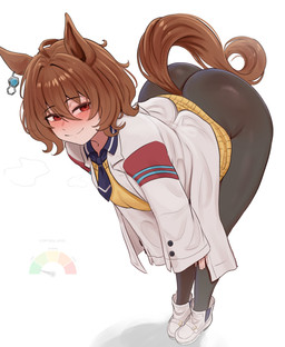 accessory armband bent_over big_butt blush bodily_fluids brown_hair butt clothing coat ear_piercing equine_ears eye_through_hair eyebrow_through_hair eyebrows female hair horse_ears horse_tail lab_coat legwear looking_at_viewer necktie pantyhose piercing red_eyes simple_background smile solo steam sweat tail thick_thighs tights topwear translucent translucent_hair brikot cygames uma_musume_pretty_derby agnes_tachyon_(pretty_derby) animal_humanoid equid equid_humanoid equine equine_humanoid horse_humanoid humanoid mammal mammal_humanoid absurd_res hi_res