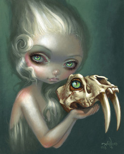 ambiguous_gender blonde_hair bone clothed clothing duo eyebrows fangs female feral green_eyes hair holding_skull lips long_hair pupils sabertooth_(anatomy) skeleton skull slit_pupils teeth thick_lips topwear jasmine_becket-griffith animated_skeleton felid human mammal prehistoric_species saber-toothed_tiger undead 2018 acrylic_painting_(artwork) dated formal_art hi_res painting_(artwork) traditional_media_(artwork) traditional_painting_(artwork)