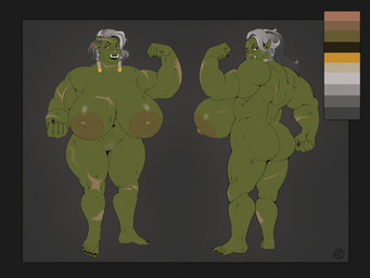 abs back_muscles big_breasts braided_hair breasts ear_piercing elderly_female facial_piercing female flexing flexing_bicep genitals green_body grey_hair hair looking_at_viewer multiple_poses muscular muscular_arms muscular_female nose_piercing nude piercing pose pubes sagging_breasts scar scars_all_over septum_piercing sharp_teeth simple_background solo stretch_marks teeth tusks uul'tea_(homura) vulva eliotak humanoid orc hi_res model_sheet
