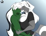 anthro breasts clothed clothing duo female fur green_body green_fur grey_body grey_fur hair hug kissing male male/female markings nude white_hair white_markings chrisandcompany chris_t._snuggleskunk kelsey_sienna mammal mephitid skunk 5:4 absurd_res hi_res