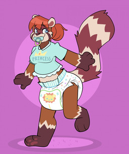 3_toes 4_fingers anthro big_diaper blue_clothing blue_pacifier blue_shirt blue_topwear brown_body brown_fur brown_nose clean_diaper clothed clothing diaper feet female fingers fur gloves_(marking) hair hair_bun leg_markings little_kings_(diaper) markings multicolored_body multicolored_fur object_in_mouth on_one_leg orange_hair pacifier pacifier_in_mouth pawpads purple_background red_body red_fur red_inner_ear red_pawpads red_tail ring_(marking) ringed_tail shirt simple_background smile socks_(marking) solo standing striped_markings striped_tail stripes tail tail_markings tan_body tan_ears tan_fur tan_tail text text_on_clothing text_on_shirt text_on_topwear toes topwear two_tone_tail wearing_diaper wetness_indicator bubblepuppers abuniverse little_kings marquis_ren_ikari_(auggiepup) ailurid mammal red_panda english_text full-length_portrait hi_res portrait