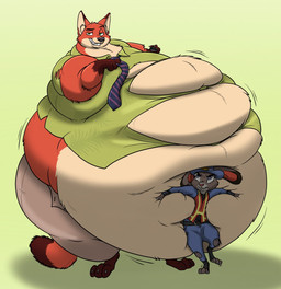 anthro belly belly_press big_belly bottomwear claws clenched_teeth clothed clothing collared_shirt dress_shirt duo fangs female fur hat headgear headwear huge_belly hyper hyper_belly looking_at_another looking_at_viewer male morbidly_obese morbidly_obese_anthro morbidly_obese_male necktie obese obese_anthro obese_male overweight overweight_anthro overweight_male pants police police_uniform shirt smile smirk standing teeth toe_claws topwear uniform hectorthewolf disney zootopia judy_hopps nick_wilde canid canine fox lagomorph leporid mammal rabbit red_fox true_fox 2015 hi_res