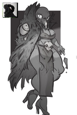 5_fingers anthro beak big_breasts big_eyes big_iris biped bone bottomwear bra breasts claws cleavage cleavage_overflow cloak closed_smile clothed clothed_anthro clothed_female clothing female finger_claws fingers footwear fully_clothed fully_clothed_anthro fully_clothed_female geometric_background high_heels iris loincloth looking_at_viewer mouth_closed non-mammal_breasts plantigrade pupils shoes simple_background skull smile smiling_at_viewer solo sports_bra standing thick_thighs three-quarter_view underwear wide_hips dubetta. accipitriform avian bird vulture 2025 2:3 absurd_res digital_drawing_(artwork) digital_media_(artwork) full-length_portrait greyscale hi_res monochrome portrait reference_image