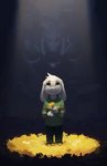 anthro biped black_background black_eyes bottomwear clothed clothing duo flower fur green_clothing green_eyes green_sweater green_topwear looking_up male pants plant simple_background smile sweater text topwear white_body white_fur itswolven undertale undertale_(series) asriel_dreemurr asriel_dreemurr_(god_form) boss_monster_(undertale) bovid caprine goat mammal 2017 absurd_res english_text hi_res signature