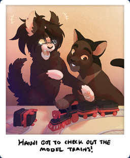 ambiguous_gender brown_body brown_eyes brown_fur brown_hair brown_sclera dialogue duo eyewear feral feral_with_hair feralized fluffy fur glasses hair happy model_train polaroid_photo yellow_eyes silveyytm attack_on_titan hange_zoe onyankopon american_shorthair domestic_cat felid feline felis lykoi mammal 2020 male_(lore) nonbinary_(lore)