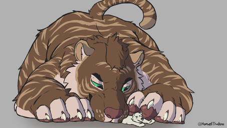 anthro duo extreme_size_difference half-closed_eyes imminent_vore lying male male/male micro narrowed_eyes on_front pounce size_difference struggling underpaw howellthabear kurroe bear felid mammal polar_bear prehistoric_species saber-toothed_tiger ursine hi_res