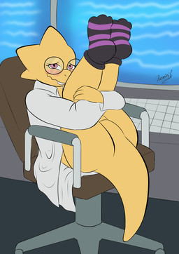 anthro blush buckteeth butt chair clothed clothing coat detailed_background electronics eyewear featureless_crotch feet female footwear front_view furniture glasses holding_both_legs holding_legs_up inside keyboard lab_coat legs_up looking_at_viewer monitor nervous office_chair open_clothing open_coat open_topwear pink_eyes presenting presenting_hindquarters round_glasses scales smile socks soles solo tail teeth text thick_tail thick_thighs three-quarter_view toe_outline toes topwear wavy_mouth yellow_body yellow_scales reminic undertale undertale_(series) alphys lizard reptile scalie absurd_res english_text hi_res signature