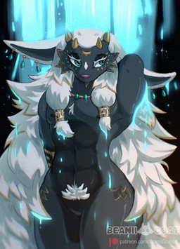 3_eyes abs accessory anthro ear_piercing facial_hair featureless_crotch goatee green_eyes grey_body hair hair_accessory highlights_(coloring) horn jewelry long_hair male multi_eye necklace nipples nude piercing pubes raised_arm solo text water waterfall waterfall_shower white_hair beanii nintendo tears_of_the_kingdom the_legend_of_zelda rauru_(tears_of_the_kingdom) zonai absurd_res hi_res url watermark