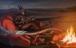 anthro avi_(darkastray) axis_(character) camp comic dragon duo female feral firepit gun larger_feral mount/rider_relations mythological_creature mythological_scalie mythology post-apocalyptic ranged_weapon scalie size_difference smaller_anthro tail totesfleisch8 weapon