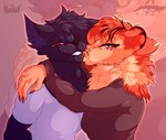 anthro arms_around_neck athletic black_body black_fur black_hair black_nose breasts claws clothing duo female fur grin hair hand_behind_back kissing_cheek lidded_eyes looking_at_viewer male male/female mane melanistic neck_tuft orange_body orange_fur orange_hair pecs red_eyes shirt short_hair smile t-shirt topwear tuft coldersy khiji-ra zaidee domestic_cat felid feline felis lion mammal pantherine 2021 digital_media_(artwork) shaded