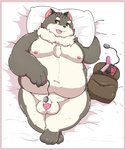 anthro balls bed flaccid furniture genitals kemono lying male moobs navel nipples obese obese_anthro obese_male overweight overweight_anthro overweight_male penis pillow sex_toy solo kusosensei cygames shadowverse meowskers felid feline mammal 2021 hi_res