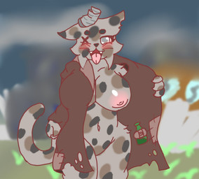 anthro big_breasts bottomless bottomless_anthro bottomless_female breasts clipped_ear clothed clothing collarbone featureless_crotch female flashing flashing_breasts jacket looking_at_viewer navel nude nude_anthro nude_female one_eye_closed pose presenting solo tongue tongue_out topwear amalgama125 mewgenics trampy_(mewgenics) domestic_cat felid feline felis mammal