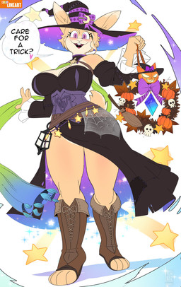 anthro big_breasts black_clothing black_dress breasts cleavage cleavage_cutout clothed clothing costume cutout dress female halloween_costume hat headgear headwear holidays looking_at_viewer magic_user paws pink_eyes smile solo standing star_(shape) witch witch_costume witch_hat ghioel halloween lagomorph leporid mammal rabbit 2025 absurd_res character_request full-length_portrait hi_res portrait