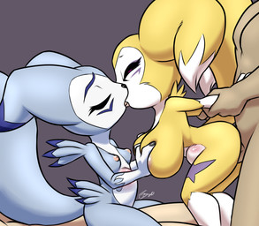 abdominal_bulge anthro arm_grab arm_pull bent_over big_breasts bisexual blue_body blue_fur breast_size_difference breasts digiphilia eyes_closed faceless_character faceless_male female female/female female_penetrated fluffy fluffy_tail foursome french_kissing from_behind_position fur grabbing grabbing_from_behind group group_sex human_on_anthro interspecies kissing male male/female male_penetrating male_penetrating_female penetration prison_guard_position sex shortstack shortstack_female size_difference small_breasts tail tongue tongue_out vaginal vaginal_penetration yellow_body yellow_fur furball bandai_namco digimon fakemon fan_character garurimpmon renimpmon renimpmon_x canid canine digimon_(species) human hybrid impmon mammal renamon 2020