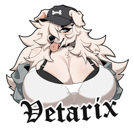 anthro big_breasts black_bra black_clothing black_hat black_headwear black_underwear bone bra bra_outline bra_peek breasts choker cleavage clothed clothing deep_cleavage ear_piercing eyelashes facial_piercing female freckled_face freckles fur furgonomic_headwear furgonomics grey_clothing grey_eyes grey_jacket grey_topwear hair hair_over_eye hat headgear headwear heart_eyes heart_symbol huge_breasts jacket jewelry necklace nose_piercing nose_ring off_shoulder piercing ring_piercing simple_background solo text tongue tongue_out tongue_piercing topwear underwear white_background white_body white_clothing white_fur white_hair white_topwear vetarix lily_(vetarix) canid canine canis domestic_dog mammal 2025 absurd_res alternate_version_at_source artist_name hi_res smaller_version_at_source