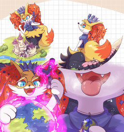 anthro black_thighs blue_eyes breath castle clothing crown destruction earth eyewear fur glasses headgear kneeling landscape_dwarfing macro magic pawpads pink_pawpads planet planet_dwarfing river terra_macro tongue tongue_out yellow_body yellow_fur listrymistery nintendo pokemon kana_the_braixen braixen generation_6_pokemon pokemon_(species) absurd_res hi_res sequence signature