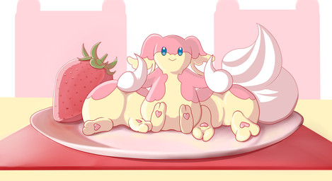 ambiguous_gender berry blue_eyes butt coy dairy_products dessert featureless_crotch feral food fruit group heart_pawpads pawpads plant plate presenting presenting_hindquarters strawberry tail trio whipped_cream white_tail mewscaper nintendo pokemon audino generation_5_pokemon pokemon_(species) 2016 absurd_res hi_res