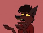 ambiguous_gender anthro brown_body brown_fur brown_hair clawed_fingers clothed clothing fangs frown fur hair open_frown open_mouth prick_ears shirt snout solo style_emulation teeth the_hands_of_sincerity toony topwear domidark clone_high domi_(domidark) canid canine canis mammal wolf digital_drawing_(artwork) digital_media_(artwork) flat_colors red_theme shaded warm_colors